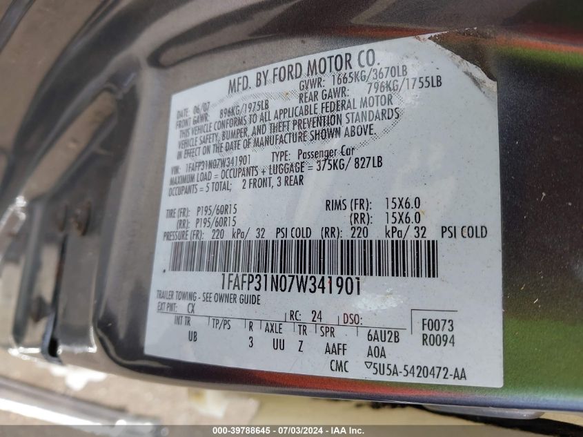 1FAFP31N07W341901 | 2007 FORD FOCUS