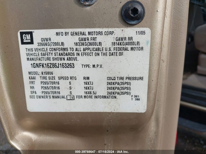 2006 Chevrolet Suburban 1500 Ls VIN: 1GNFK16Z86J163263 Lot: 39788647