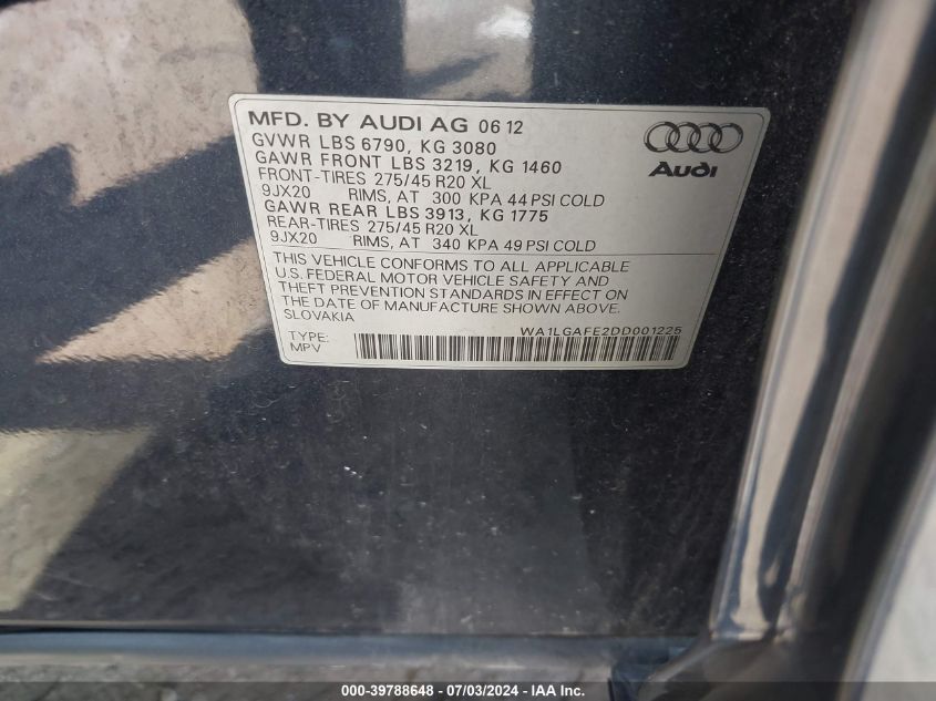 2013 Audi Q7 3.0T Premium VIN: WA1LGAFE2DD001225 Lot: 39788648