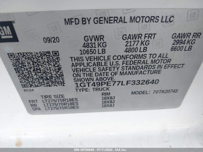 2020 GMC Sierra 2500Hd 4Wd Standard Bed At4 VIN: 1GT49PE77LF332640 Lot: 39788649