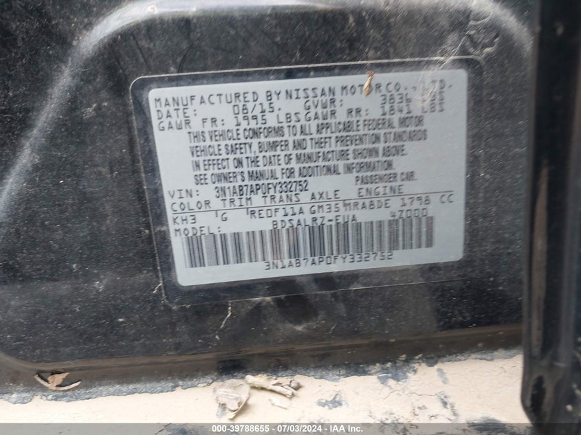 2015 Nissan Sentra S/Sv/Sr/Sl VIN: 3N1AB7AP0FY332752 Lot: 39788655