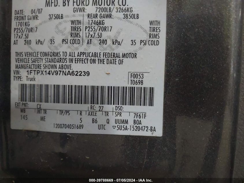 2007 Ford F-150 Fx4/Lariat/Xl/Xlt VIN: 1FTPX14V97NA62239 Lot: 39788669