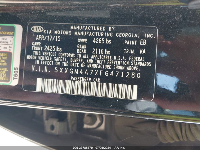 2015 Kia Optima Lx VIN: 5XXGM4A7XFG471280 Lot: 39788670