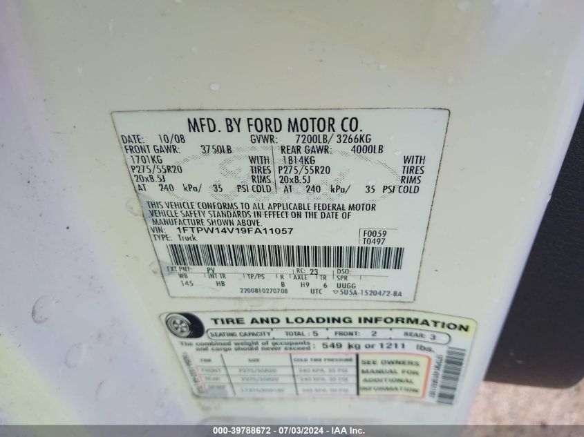2009 Ford F150 Supercrew VIN: 1FTPW14V19FA11057 Lot: 39788672