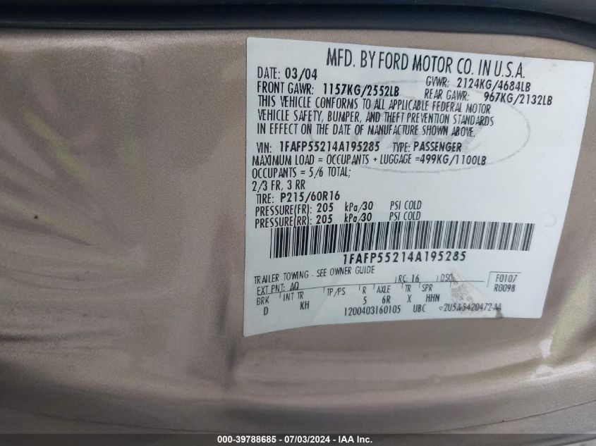 2004 Ford Taurus Ses VIN: 1FAFP55214A195285 Lot: 39788685