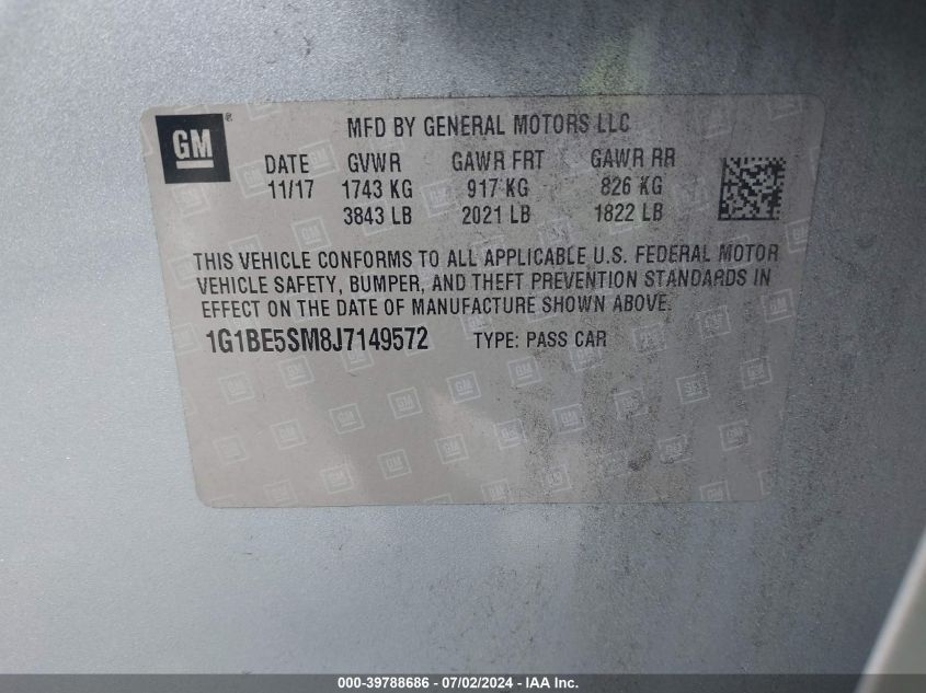 2018 Chevrolet Cruze Lt Auto VIN: 1G1BE5SM8J7149572 Lot: 39788686