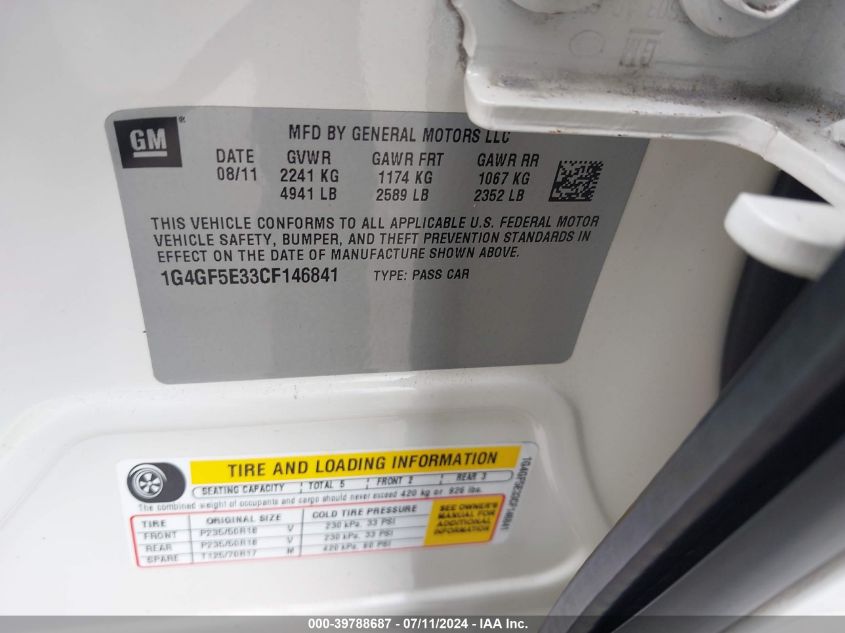 2012 Buick Lacrosse Premium 2 Group VIN: 1G4GF5E33CF146841 Lot: 39788687