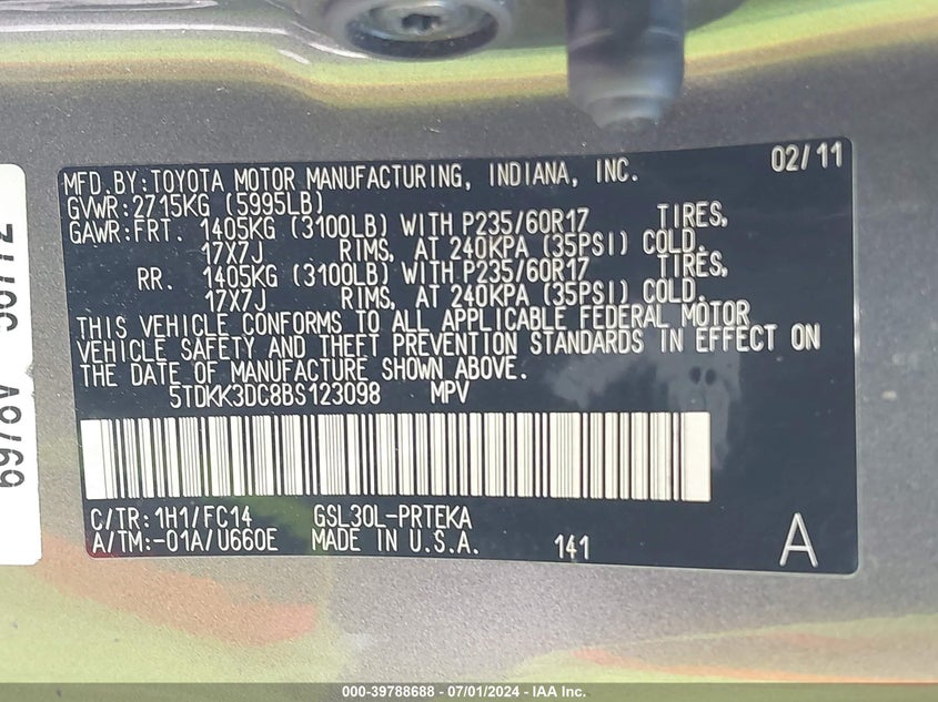 2011 Toyota Sienna Le V6 VIN: 5TDKK3DC8BS123098 Lot: 39788688