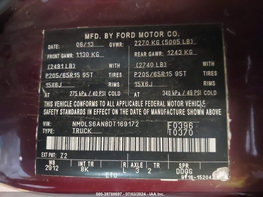 2013 Ford Transit Connect Xl VIN: NM0LS6AN8DT169172 Lot: 39788697