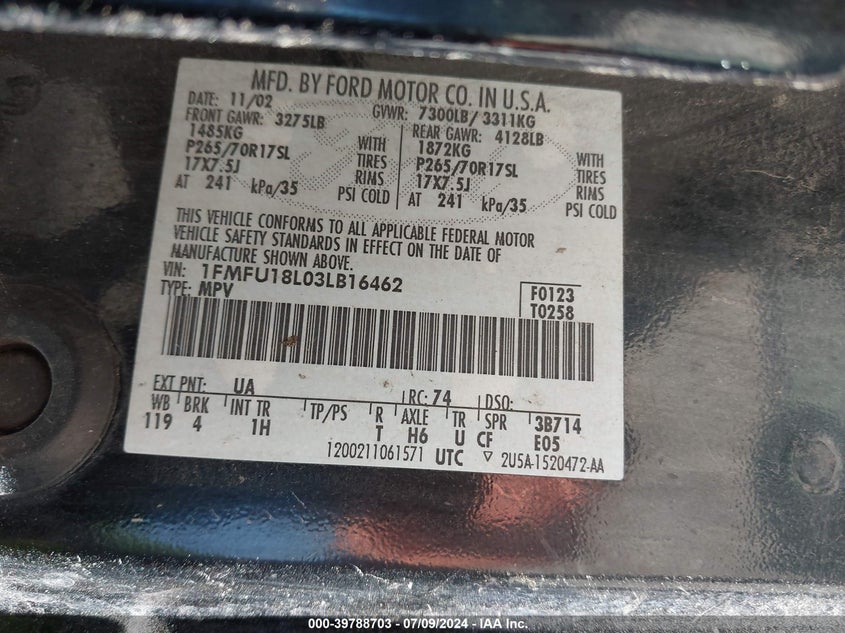 2003 Ford Expedition Eddie Bauer VIN: 1FMFU18L03LB16462 Lot: 39788703