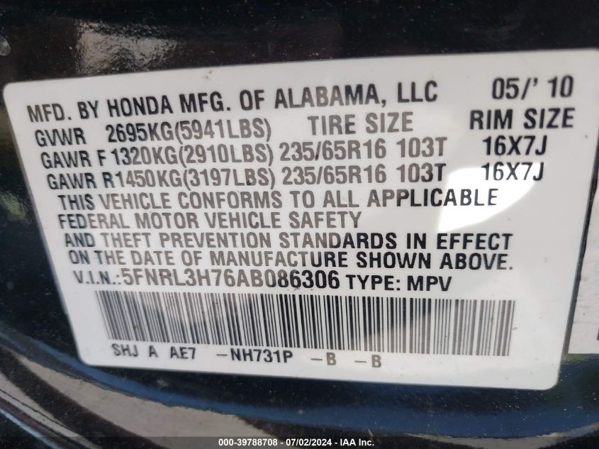 2010 Honda Odyssey Ex-L VIN: 5FNRL3H76AB086306 Lot: 39788708