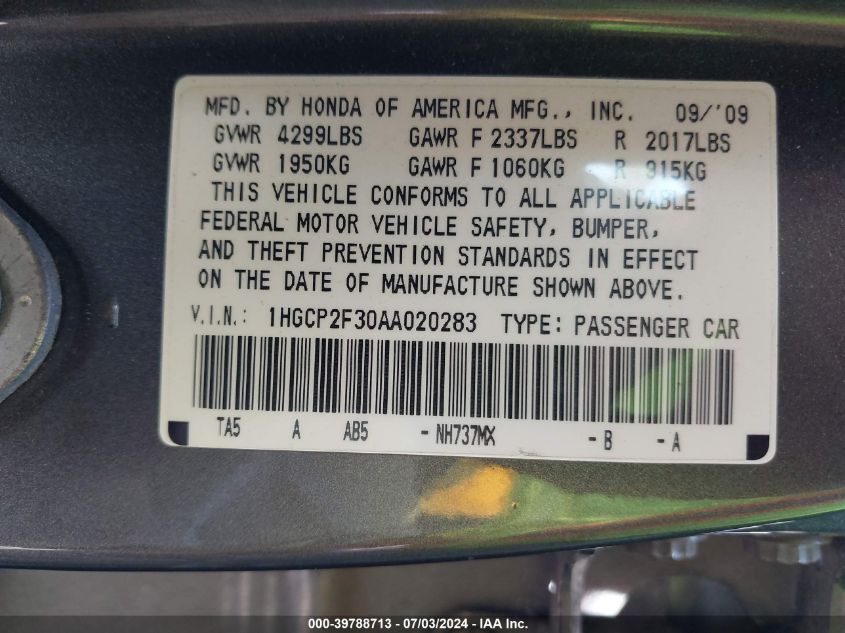 2010 Honda Accord 2.4 Lx VIN: 1HGCP2F30AA020283 Lot: 39788713