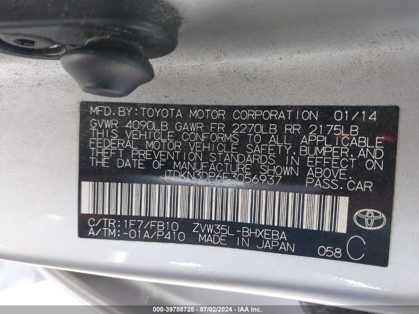 2014 Toyota Prius Plug-In VIN: JTDKN3DP6E3056937 Lot: 39788725