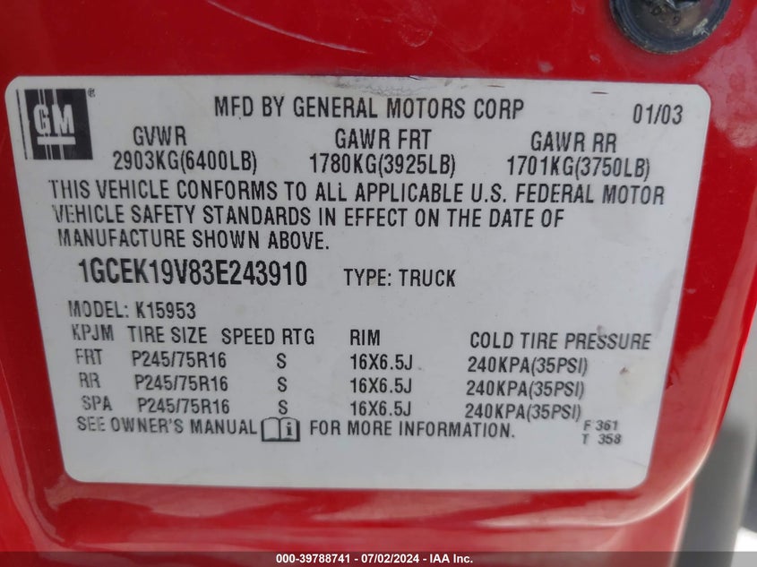 2003 Chevrolet Silverado 1500 VIN: 1GCEK19V83E243910 Lot: 39788741