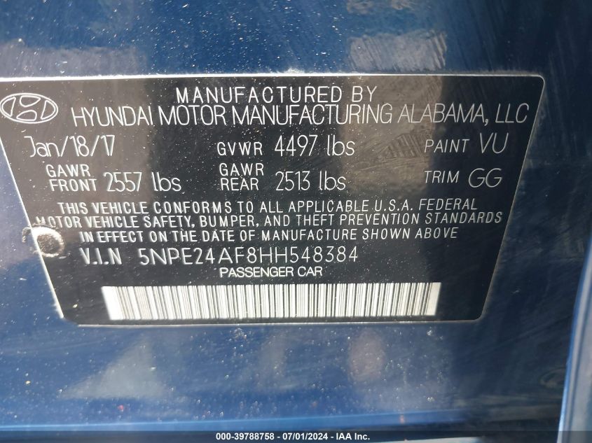 2017 Hyundai Sonata VIN: 5NPE24AF8HH548384 Lot: 39788758