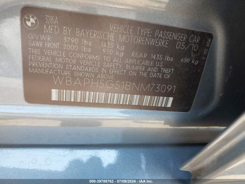 2011 BMW 328I VIN: WBAPH5G51BNM73091 Lot: 39788762