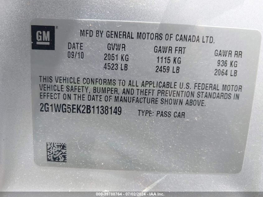 2011 Chevrolet Impala Lt VIN: 2G1WG5EK2B1138149 Lot: 39788764