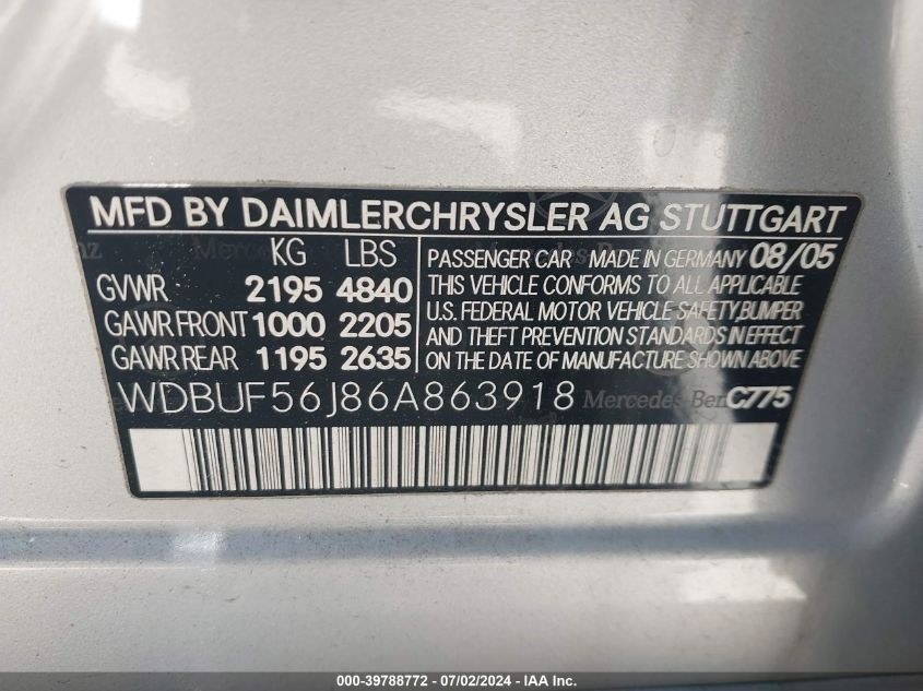 2006 Mercedes-Benz E 350 VIN: WDBUF56J86A863918 Lot: 39788772