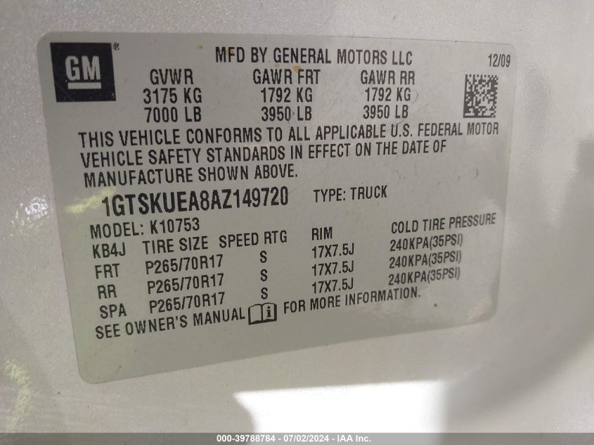 2010 GMC Sierra 1500 Sl VIN: 1GTSKUEA8AZ149720 Lot: 39788784