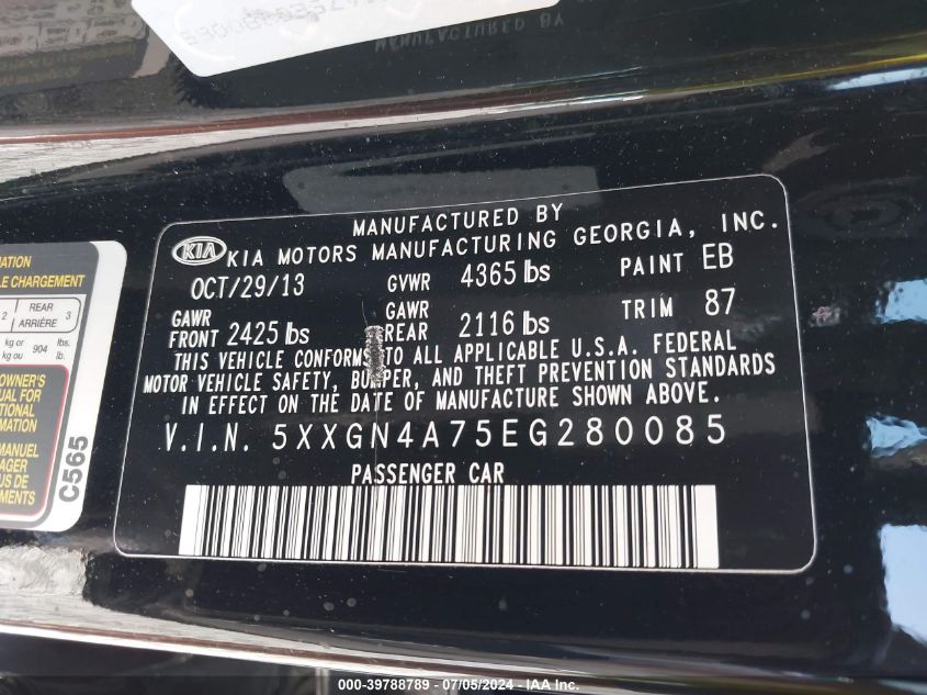 2014 Kia Optima Ex VIN: 5XXGN4A75EG280085 Lot: 39788789