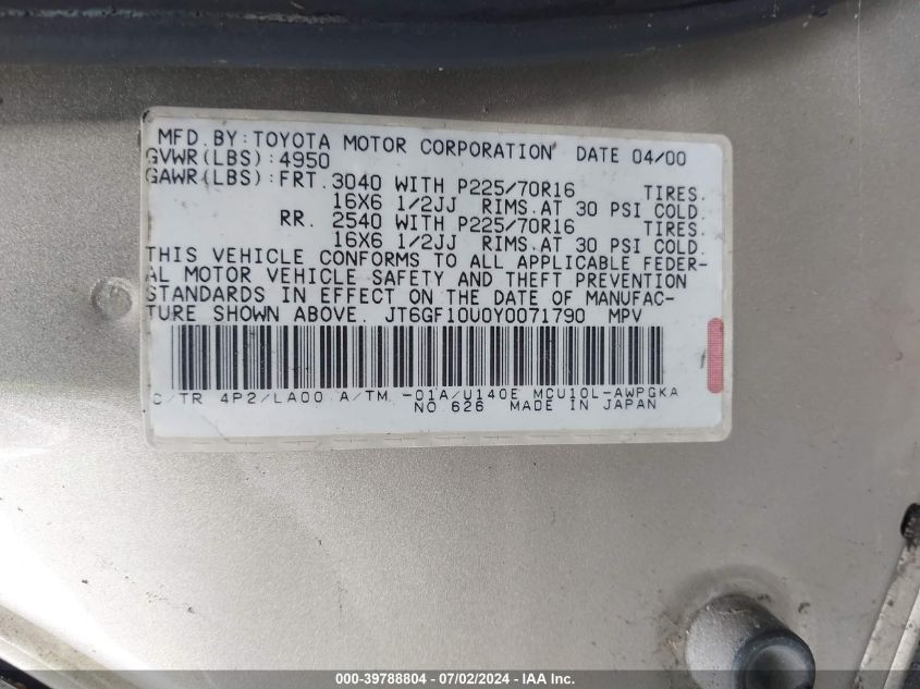 2000 Lexus Rx 300 VIN: JT6GF10U0Y0071790 Lot: 39788804