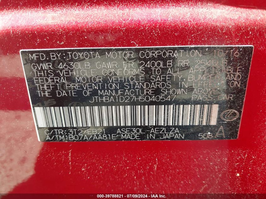 2017 Lexus Is VIN: JTHBA1D27H5040547 Lot: 39788821