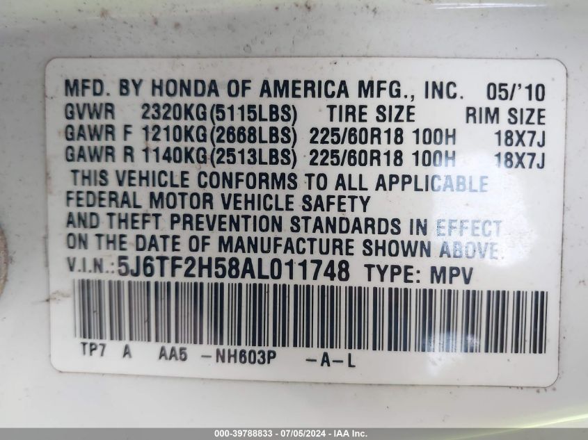 2010 Honda Accord Crosstour Ex-L VIN: 5J6TF2H58AL011748 Lot: 39788833