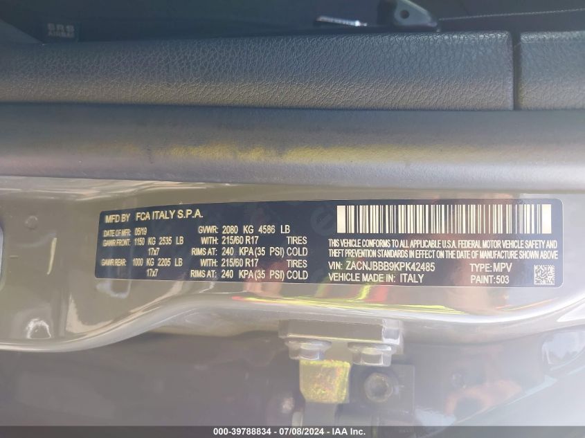 2019 Jeep Renegade Latitude VIN: ZACNJBBB9KPK42485 Lot: 39788834