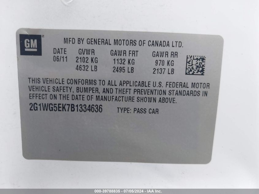 2011 Chevrolet Impala Lt VIN: 2G1WG5EK7B1334636 Lot: 39788835