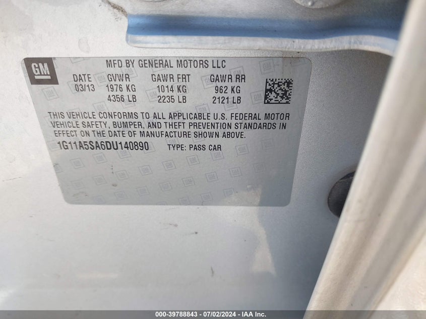 2013 Chevrolet Malibu 1Fl VIN: 1G11A5SA6DU140890 Lot: 39788843