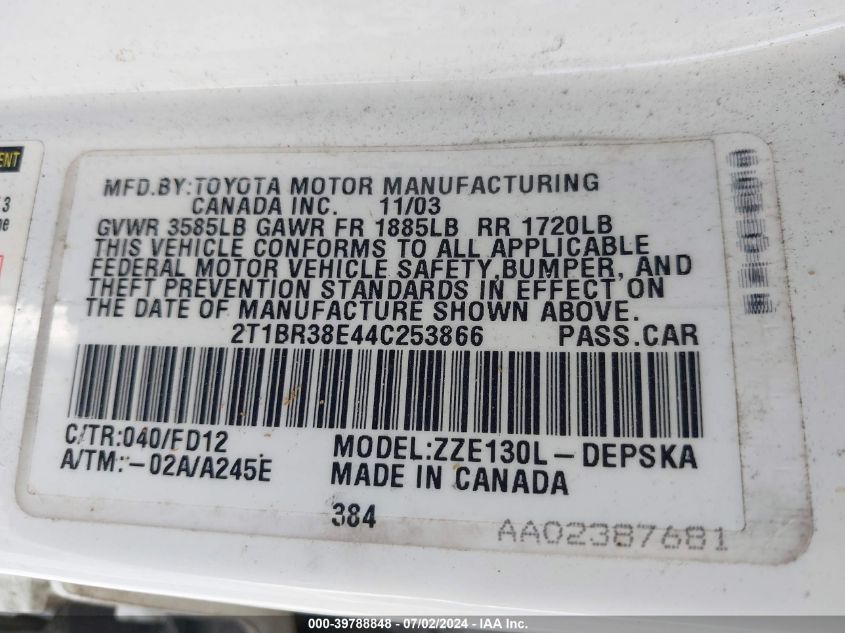 2004 Toyota Corolla S VIN: 2T1BR38E44C253866 Lot: 39788848