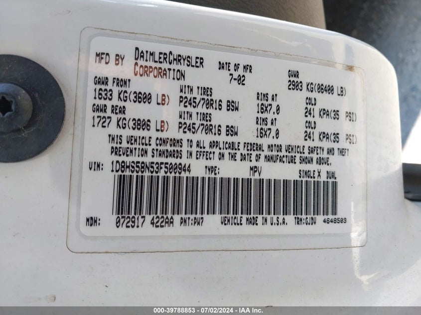 2003 Dodge Durango Slt Plus VIN: 1D8HS58N53F500944 Lot: 39788853