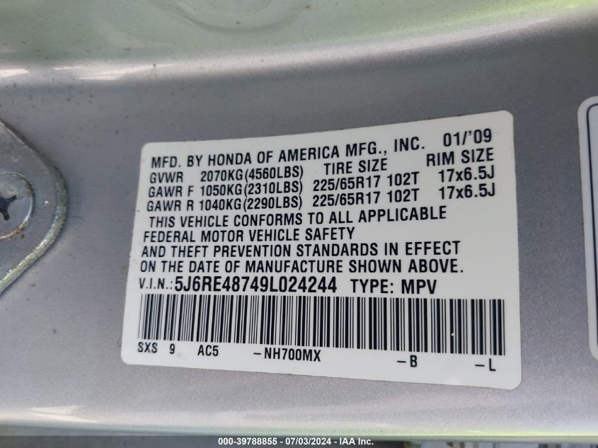 2009 Honda Cr-V Ex-L VIN: 5J6RE48749L024244 Lot: 39788855