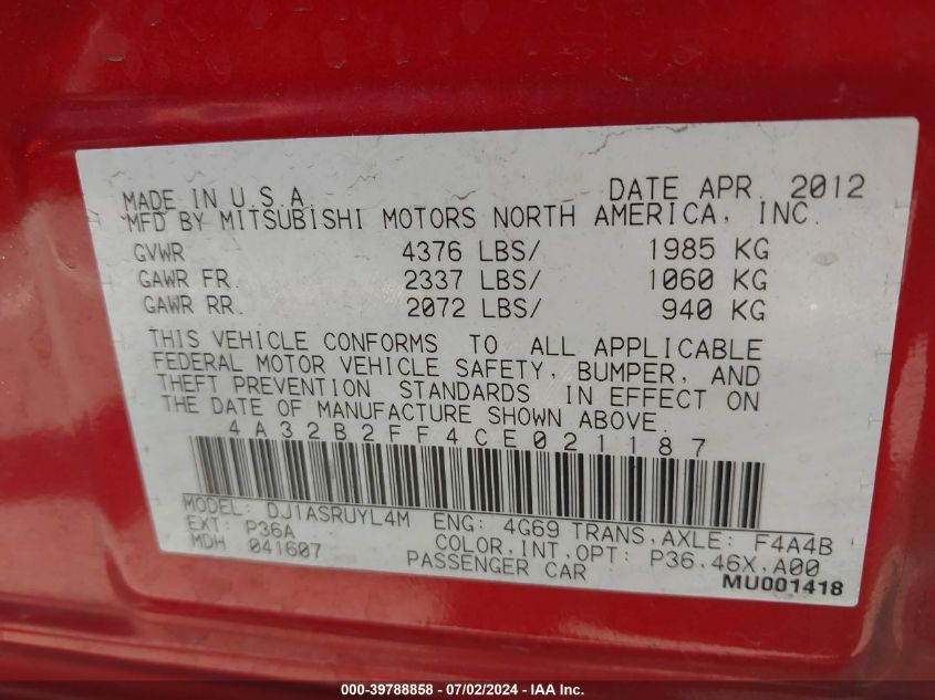 2012 Mitsubishi Galant Fe VIN: 4A32B2FF4CE021187 Lot: 39788858