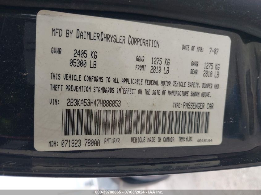 2007 Dodge Charger Rt VIN: 2B3KA53H47H886853 Lot: 39788865