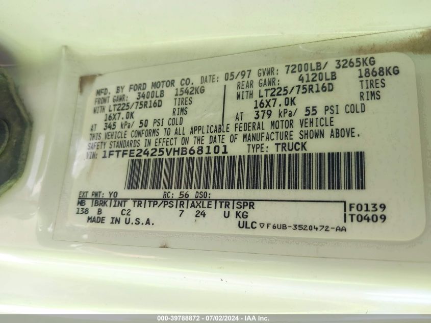 1997 Ford E-250 Standard VIN: 1FTFE2425VHB68101 Lot: 39788872