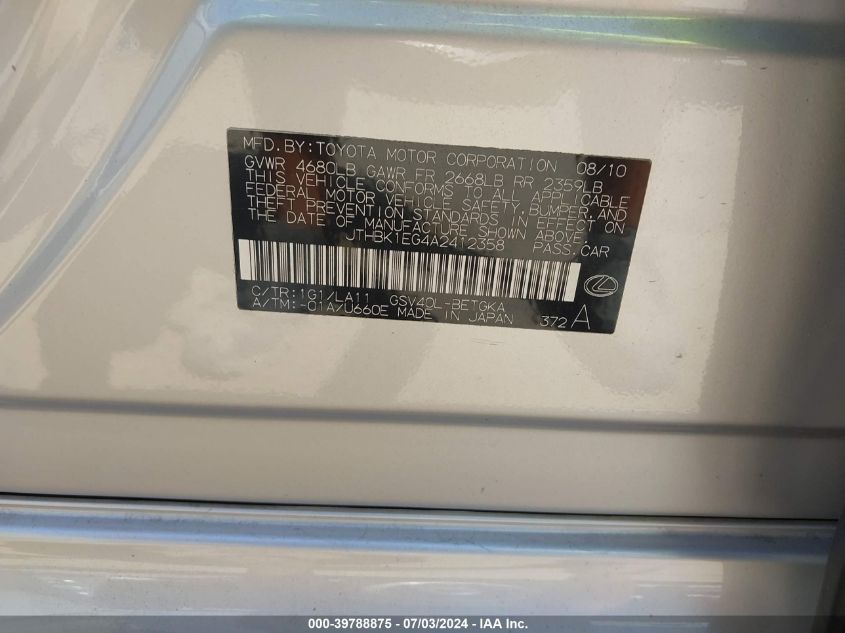 2010 Lexus Es 350 350 VIN: JTHBK1EG4A2412358 Lot: 39788875