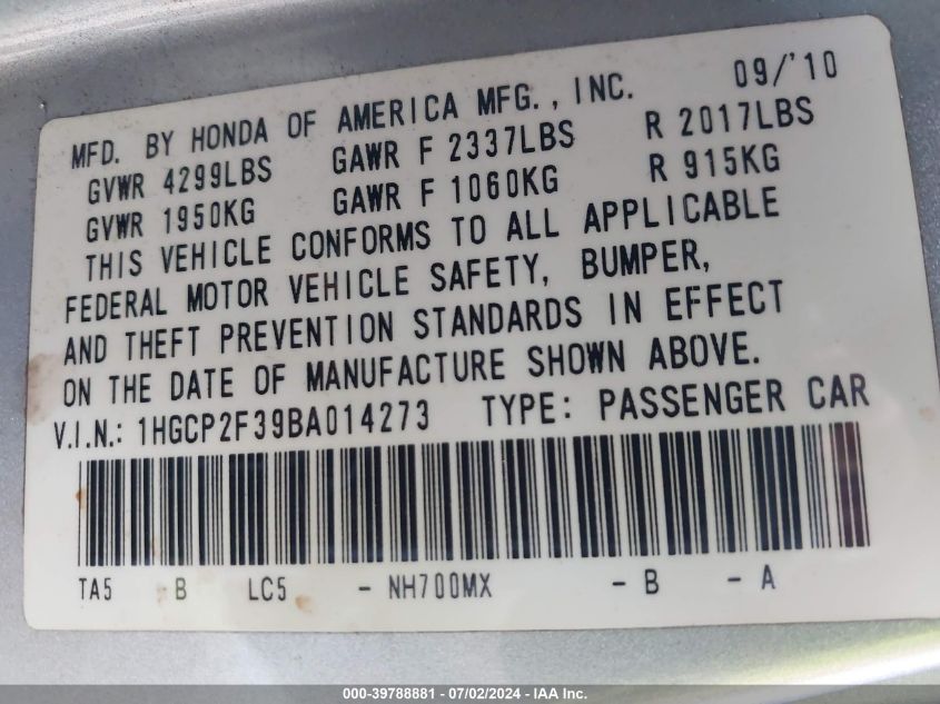 2011 Honda Accord 2.4 Lx VIN: 1HGCP2F39BA014273 Lot: 39788881