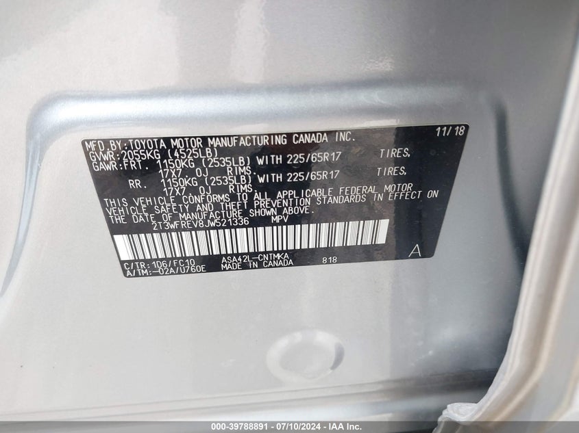 VIN 2T3WFREV8JW521336 2018 TOYOTA RAV4 XLE