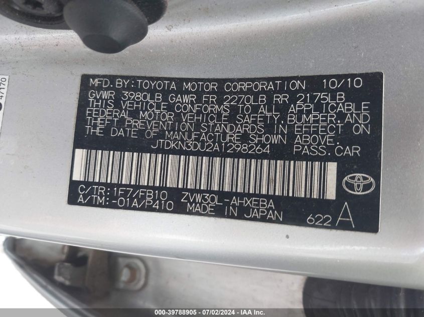 2010 Toyota Prius I/Ii/Iii/Iv/V VIN: JTDKN3DU2A1298264 Lot: 39788905