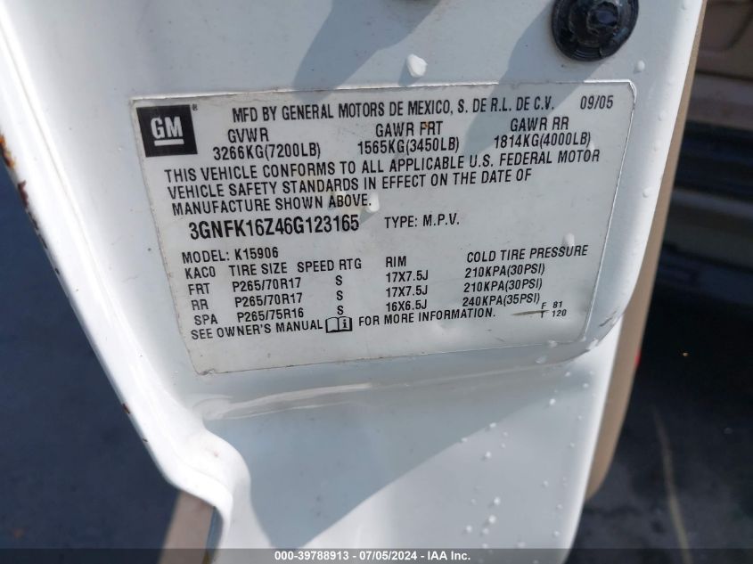2006 Chevrolet Suburban 1500 Z71 VIN: 3GNFK16Z46G123165 Lot: 39788913