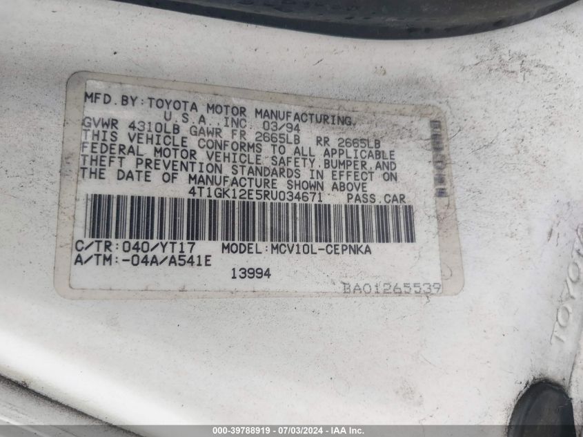 1994 Toyota Camry Le VIN: 4T1GK12E5RU034671 Lot: 39788919