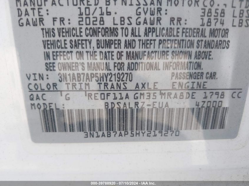 2017 Nissan Sentra Sr VIN: 3N1AB7AP5HY219270 Lot: 39788920