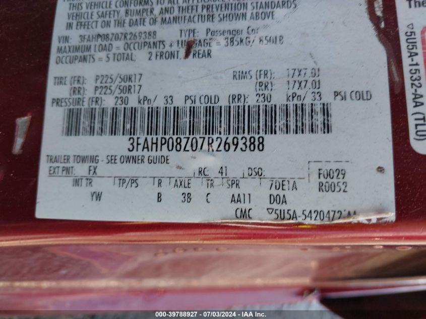 2007 Ford Fusion Sel VIN: 3FAHP08Z07R269388 Lot: 39788927