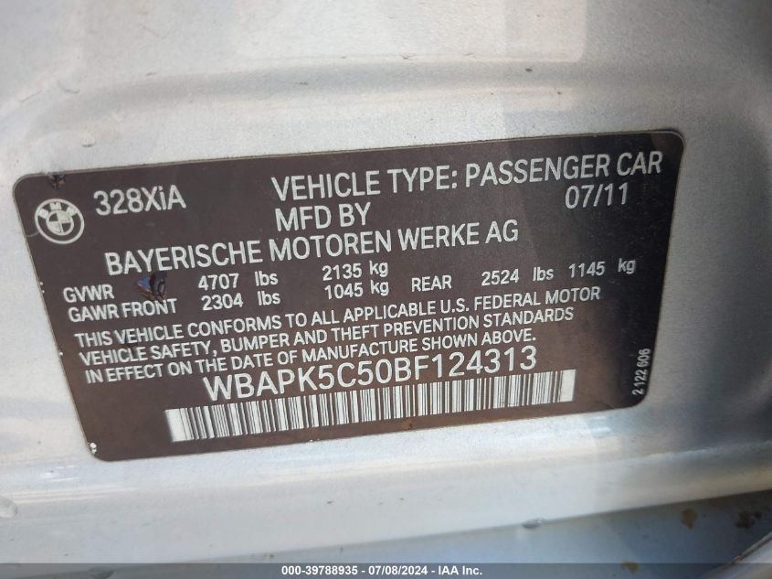 2011 BMW 328 Xi Sulev VIN: WBAPK5C50BF124313 Lot: 39788935