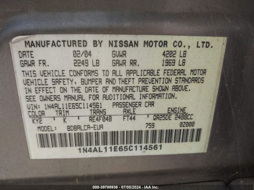 2005 Nissan Altima 2.5 S VIN: 1N4AL11E65C114561 Lot: 39788936