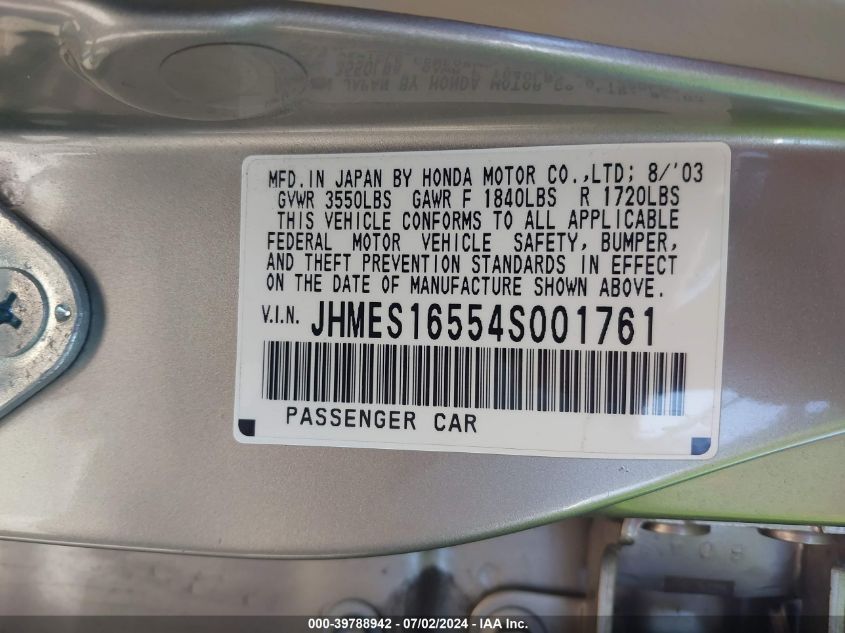 2004 Honda Civic Lx VIN: JHMES16554S001761 Lot: 39788942