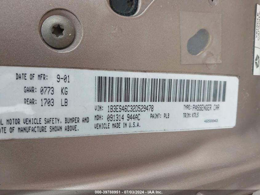 2002 Dodge Neon Se VIN: 1B3ES46C32D529478 Lot: 39788951