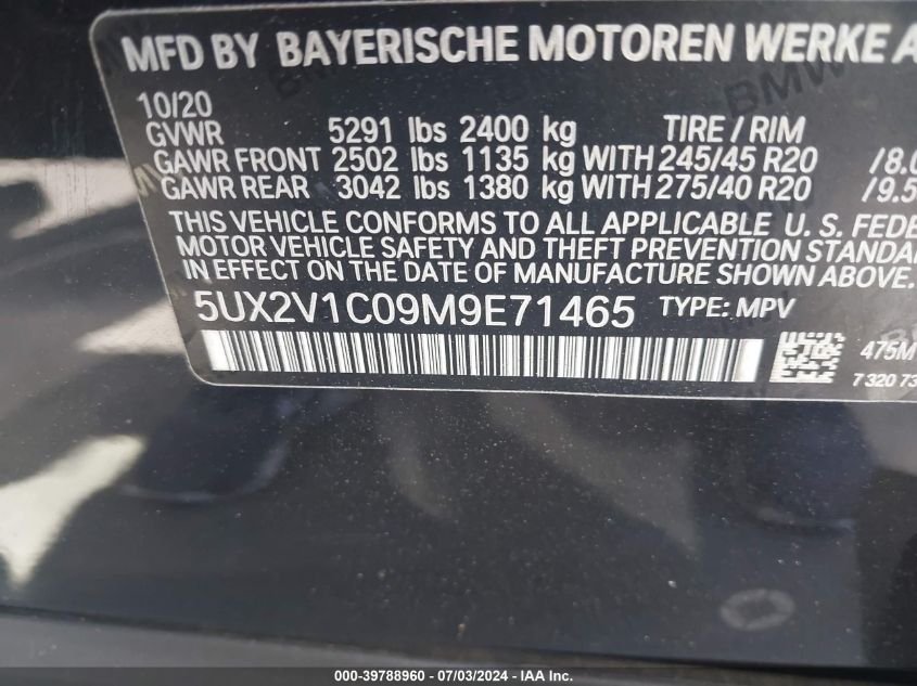 2021 BMW X4 xDrive30I VIN: 5UX2V1C09M9E71465 Lot: 39788960