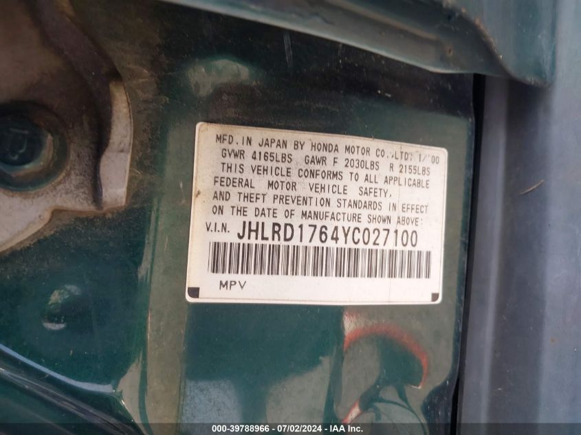 2000 Honda Cr-V Ex VIN: JHLRD1764YC027100 Lot: 39788966